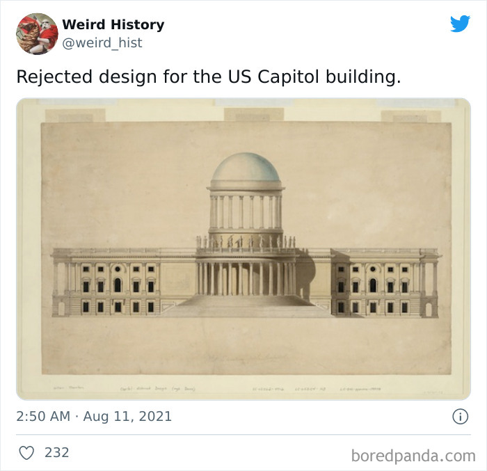 Rejected architectural drawing of the US Capitol building, showcasing a unique and weird history design concept.