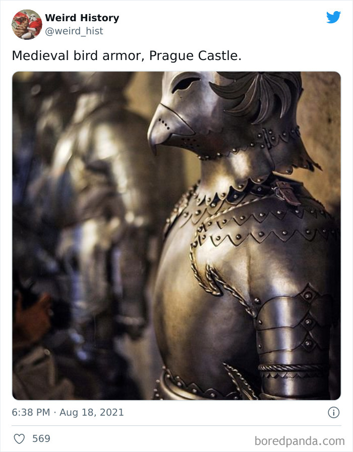 Medieval bird-shaped armor displayed at Prague Castle, showcasing unique weird history and historical trivia facts in metalwork.