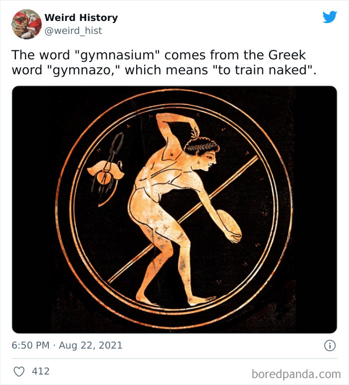 Ancient Greek pottery illustration of a naked athlete throwing a discus, related to weird history and trivia facts.