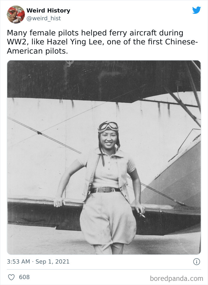 Black and white photo of female pilot Hazel Ying Lee standing by aircraft during WWII, highlighting weird history facts.