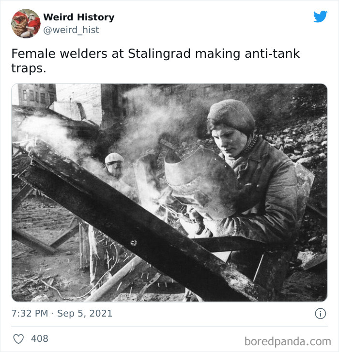 Female welders working on metal anti-tank traps during wartime, illustrating weird history facts and trivia.