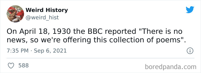 Tweet from Weird History sharing a weird history fact about the BBC offering poems instead of news in 1930.