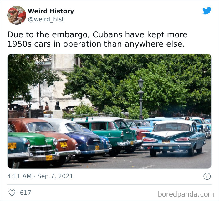 Vintage 1950s cars lined up on a street in Cuba, illustrating unique weird history facts about embargo effects.