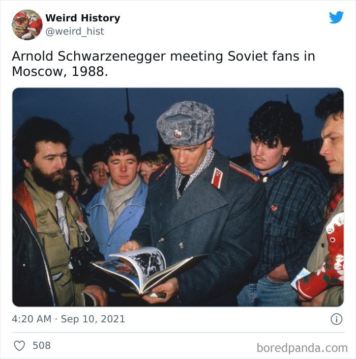 Arnold Schwarzenegger in Soviet uniform meeting fans in Moscow, a weird history moment captured in 1988.