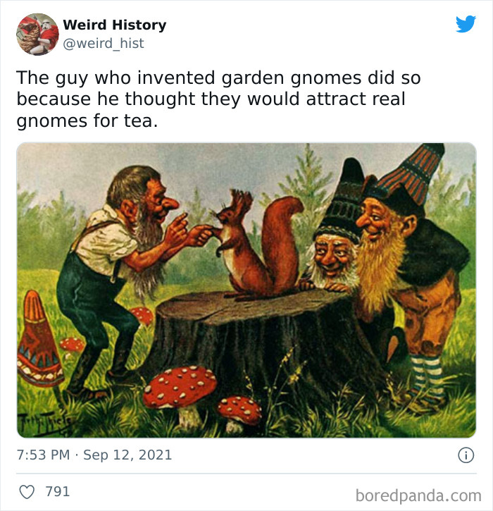 Vintage illustration of garden gnomes and a man interacting with a squirrel, highlighting weird history facts and trivia.