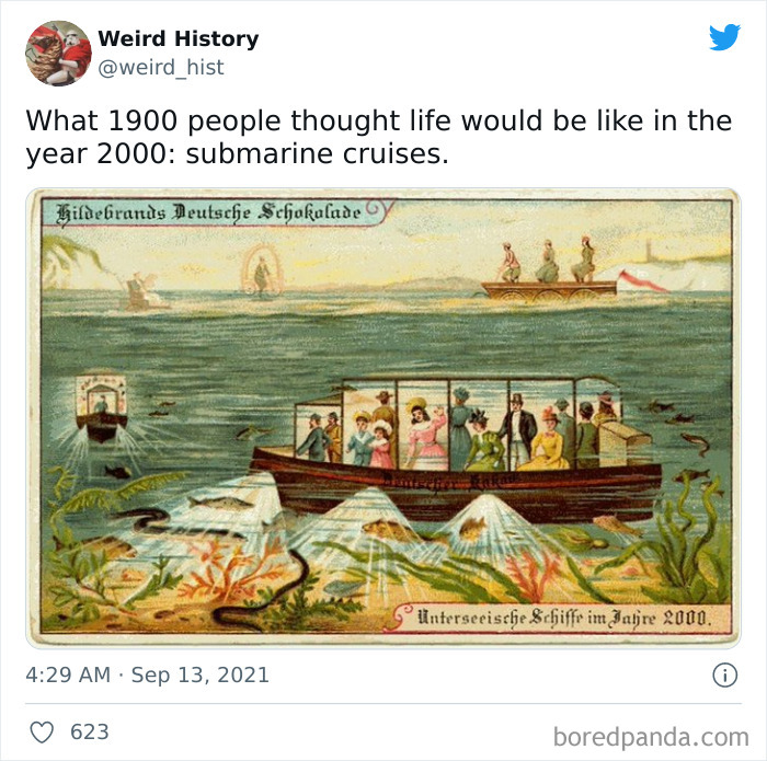 Vintage illustration showing imagined submarine cruises in the year 2000 with passengers exploring underwater life, weird history fact.