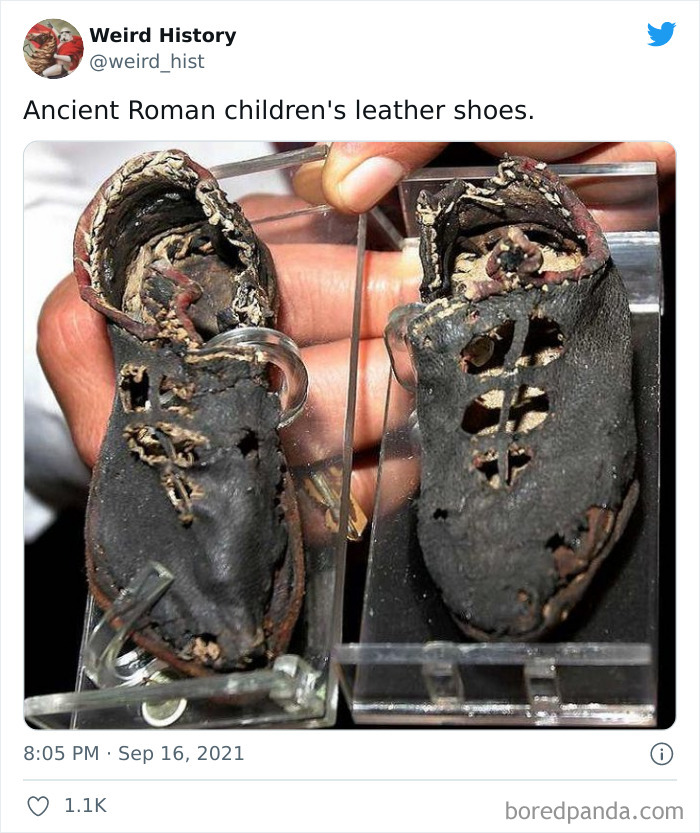 Ancient Roman children's worn leather shoes displayed in a museum case, highlighting weird history and trivia facts.