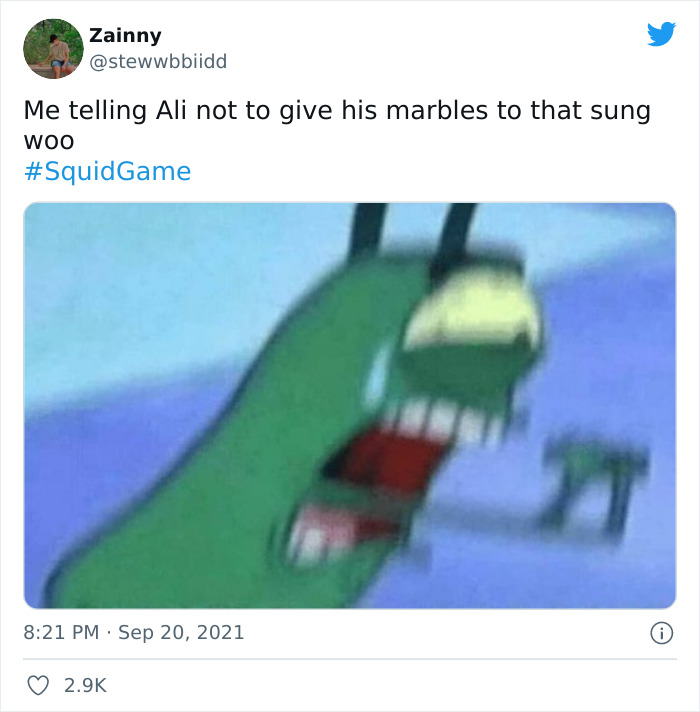 Meme about Squid Game featuring a green character yelling for comedic effect.