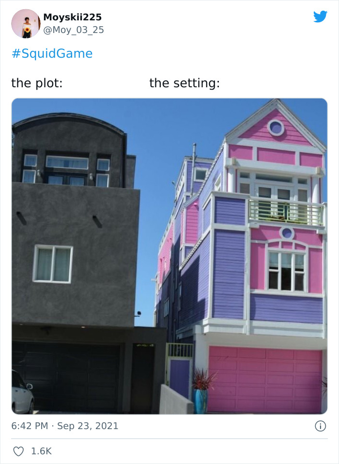 Buildings meme comparing dull and colorful design, referencing Squid Game.