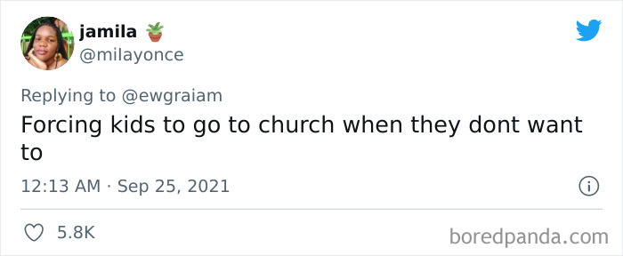 Screenshot of a tweet about outdated social customs, highlighting forcing kids to attend church against their will.