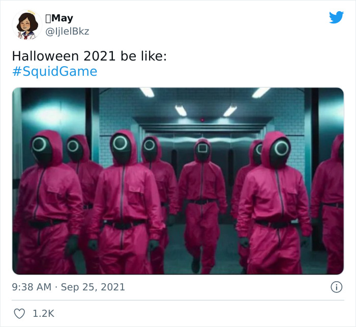 People in pink costumes from Squid Game, depicting Halloween 2021, as part of a viral meme trend.