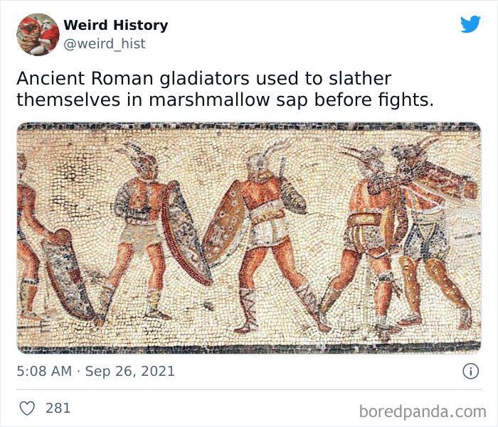 Ancient Roman gladiators depicted in mosaic art, illustrating a weird history fact for history and trivia lovers.