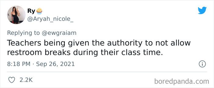 Tweet about outdated social customs highlights teachers not allowing restroom breaks during class time.
