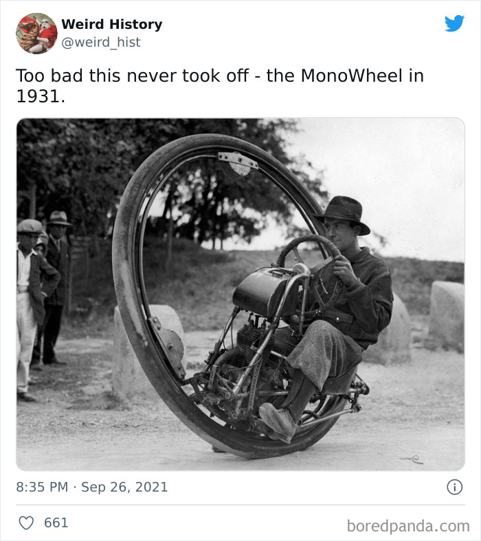 Man riding a vintage MonoWheel vehicle from 1931 surrounded by people in an outdoor setting, weird history fact.