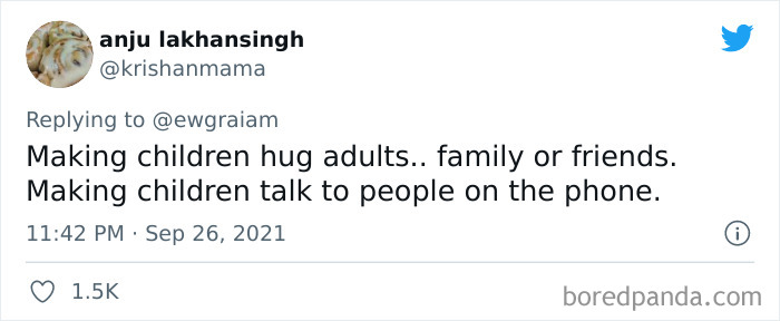 Tweet by anju lakhansingh sharing outdated social customs about children hugging adults and talking on the phone.