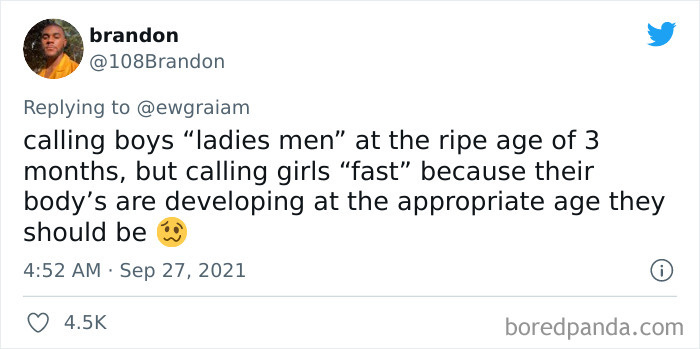 Tweet by user brandon highlighting outdated and toxic social customs related to gender stereotypes and early labeling of children.