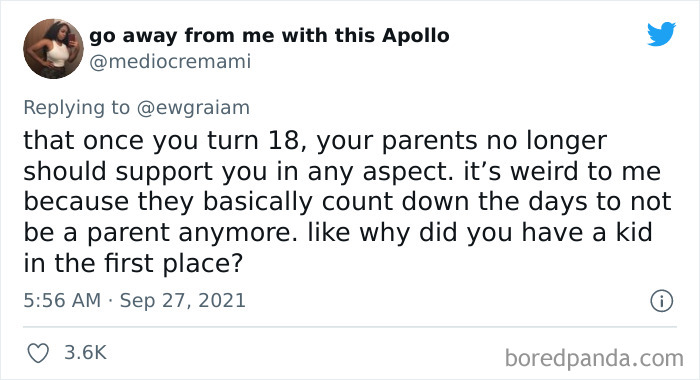 Tweet discussing outdated social customs about parents stopping support when children turn 18, seen as toxic behavior online.