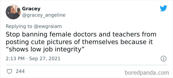 Tweet by Gracey criticizing outdated social customs that restrict female professionals from sharing personal photos online.