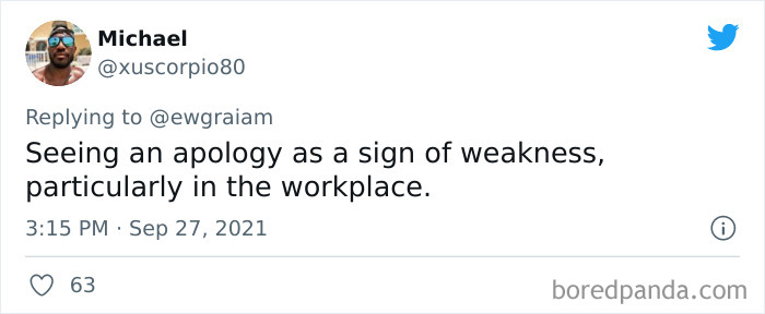Tweet by Michael sharing an outdated social custom about seeing apologies as weakness, highlighting toxic social customs.
