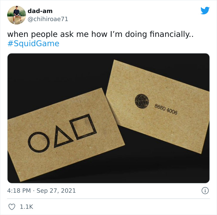 Two cards with shapes and a number, referencing Squid Game.