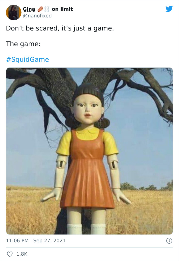 Squid Game doll meme with the text: "Don’t be scared, it’s just a game. The game: #SquidGame".
