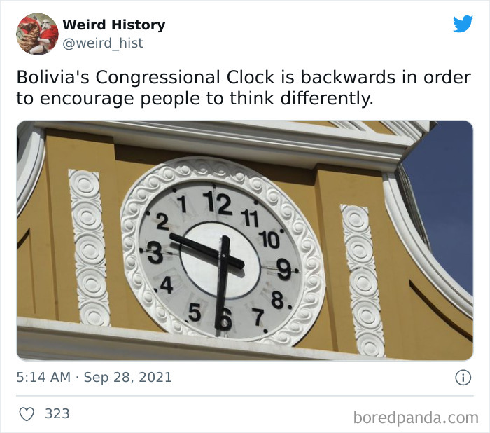 Bolivia's congressional clock with backwards numbers as a weird history fact encouraging different thinking.