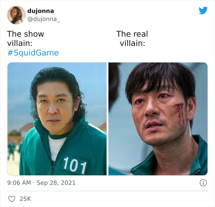 Split image of two 'Squid Game' characters, labeled "The show villain" and "The real villain."