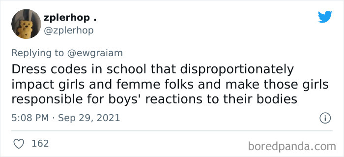 Tweet discussing outdated social customs about school dress codes impacting girls and femme folks unfairly.