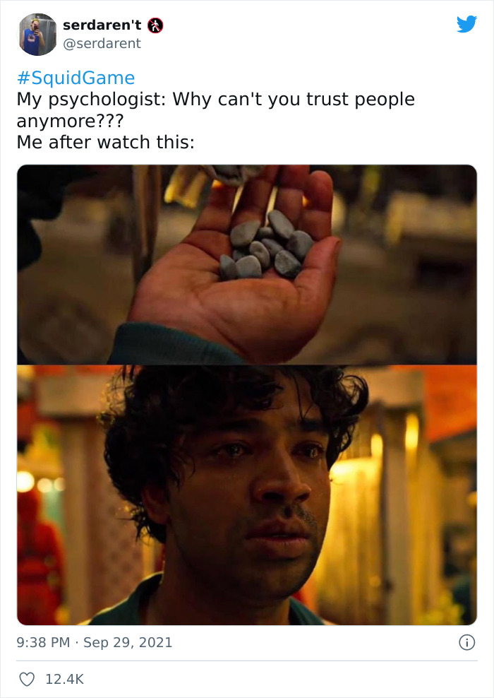 Hand holding stones, sad person from Netflix's Squid Game meme about losing trust, text referencing a psychologist discussion.