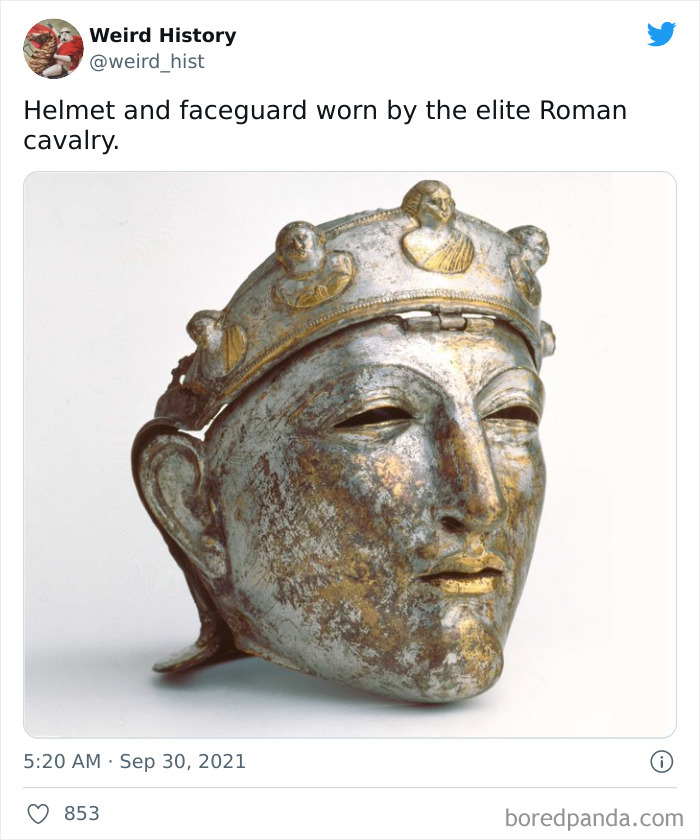 Roman cavalry helmet and faceguard with intricate design, an interesting weird history artifact for history and trivia lovers.