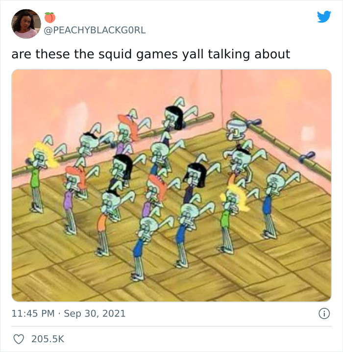 Squid Game meme featuring multiple Squidward characters in a dance studio, humorously captioned to reference the show.