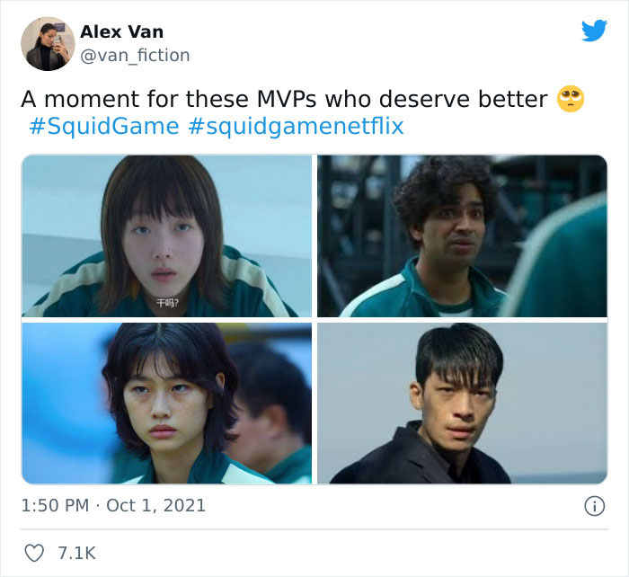 Four characters from Squid Game with caption praising them as deserving more recognition.