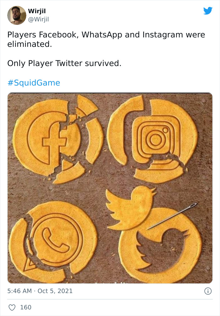 Squid Game meme of social media logos in dalgona candy with Twitter intact, others c*****d.