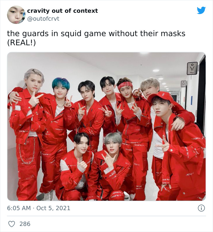 Group in red outfits humorously posed as Squid Game guards, sparking online memes and jokes.