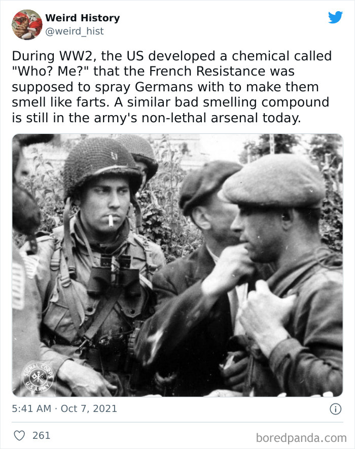 Black and white WWII photo of soldiers with helmet and cigarette, illustrating weird history facts about chemical weapons.