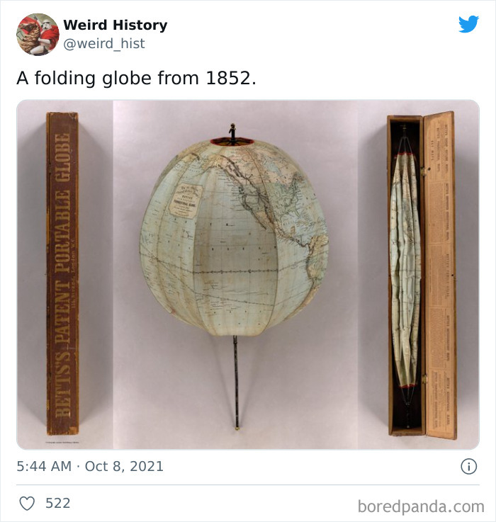 Folding globe from 1852 shown open and collapsed inside a vintage patent portable globe case, weird history fact.