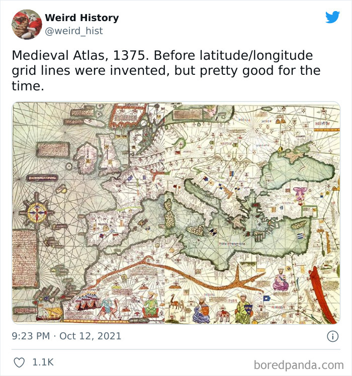 Medieval atlas from 1375 showing early map of Europe and Mediterranean with unique grid lines before modern latitude and longitude.