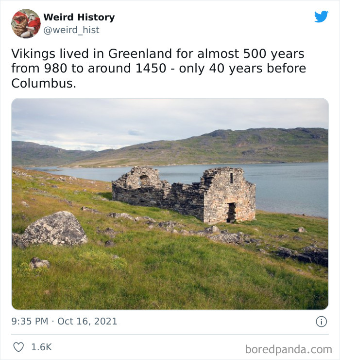 Ruins of an ancient Viking settlement in Greenland near water and hills illustrating weird history facts about Vikings.