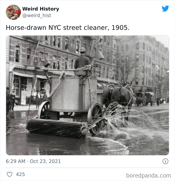 Horse-drawn street cleaner in 1905 New York City, showcasing weird history and vintage urban sanitation trivia.