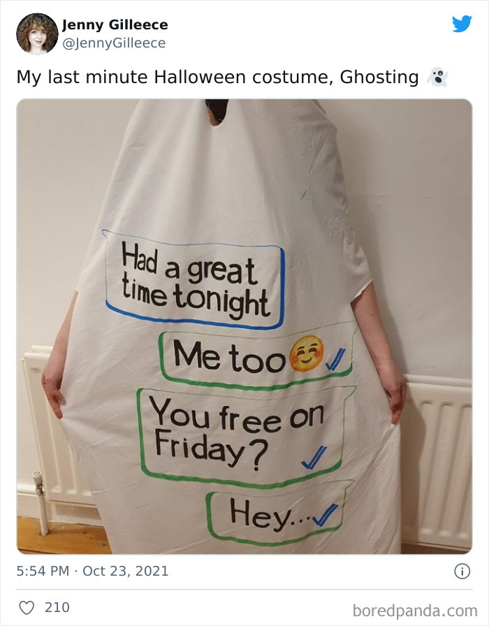 Person wearing a last minute Halloween costume made from a white ghost sheet with messaging text bubbles shown.