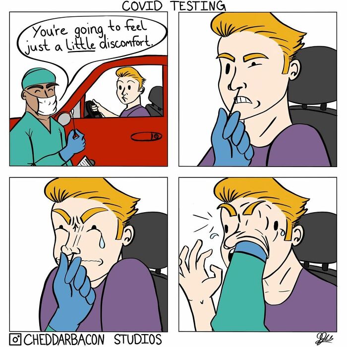 Comic from Cheddar Bacon Studios showing a man reacting painfully to a COVID nasal swab test in a humorous way.