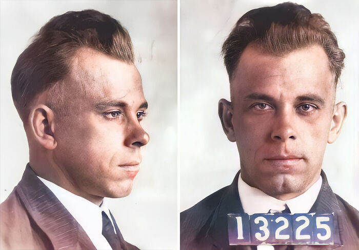 Restored vintage mugshot of a famous person with side and front profile, showcasing detailed facial features and attire.