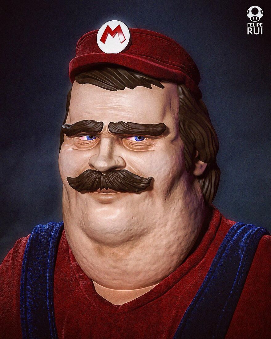 Terrifying digital art version of a popular video game character with exaggerated facial features to keep you up at night.