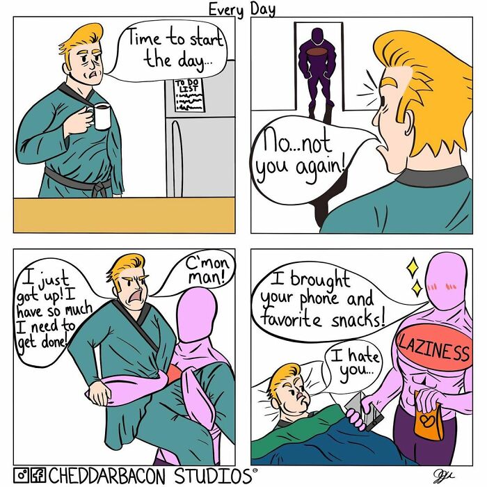 Comic by Cheddar Bacon Studios showing a man battling laziness every day while trying to start his day productively.