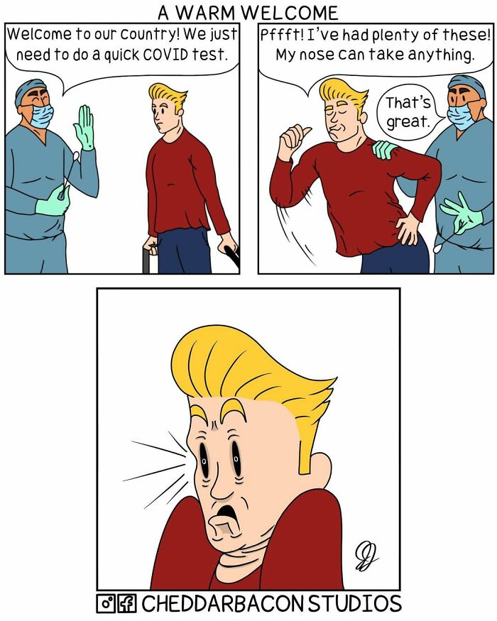 Comic from Cheddar Bacon Studios showing a man refusing a COVID test, then reacting to a nasal swab humorously.