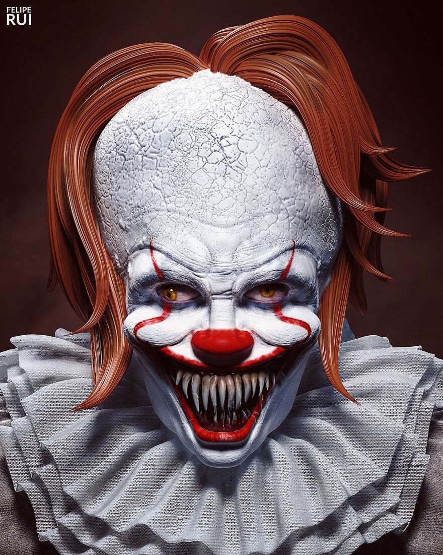 Terrifying digital artwork of a popular clown character with sharp teeth and eerie glowing eyes by a digital artist.