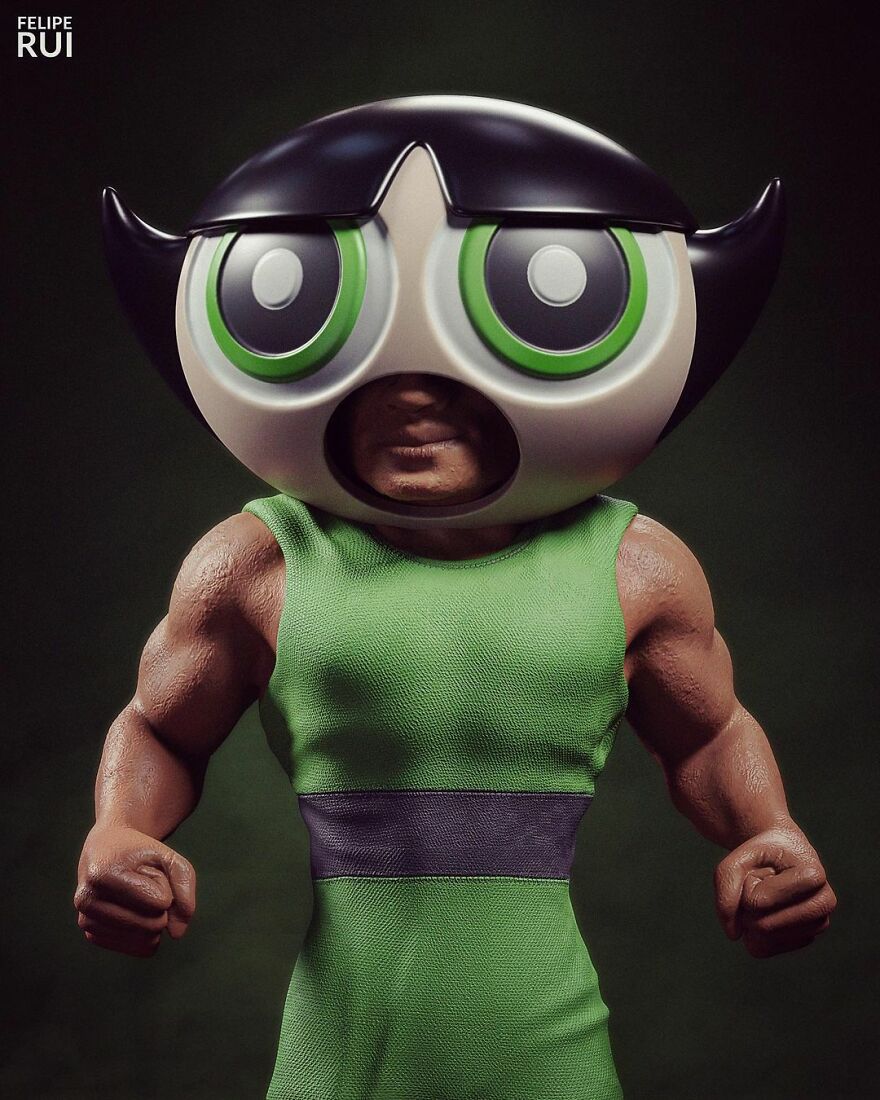 Digital artist creates terrifying muscular version of popular cartoon character with oversized head and intense expression.