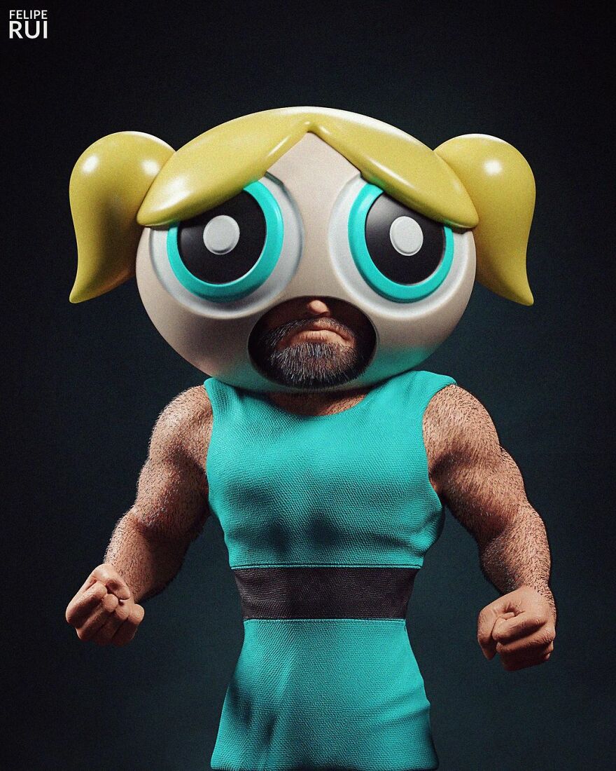 Digital artist's terrifying version of a popular character with muscular arms and a giant cartoonish head.