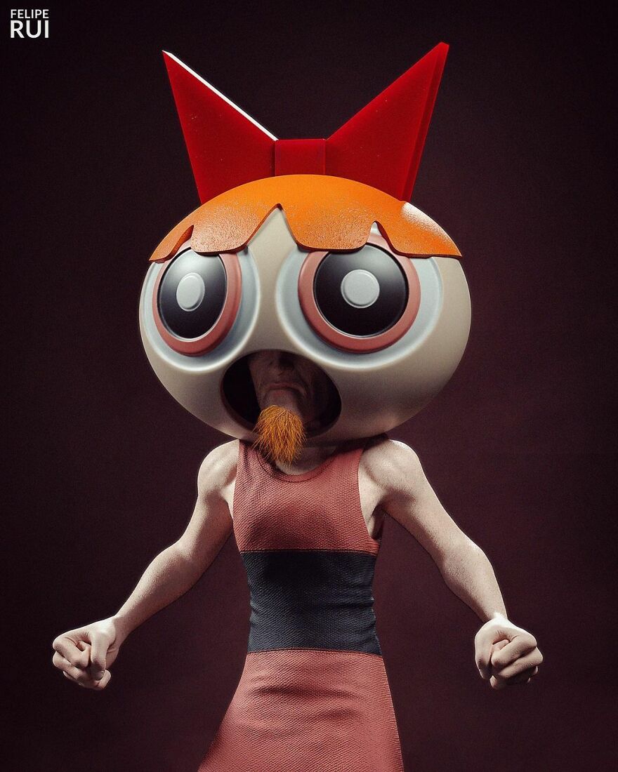 Terrifying digital art version of a popular character with a large head, exaggerated eyes, and a muscular human body.