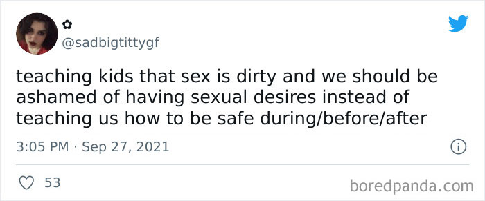 Tweet discussing outdated social customs about s*x education and the need to retire harmful social customs around sexuality.